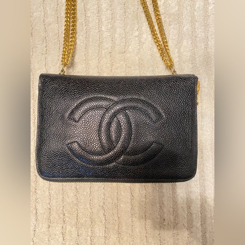 Repurposed Authentic Vintage Chanel Black Leather Wallet on Chain